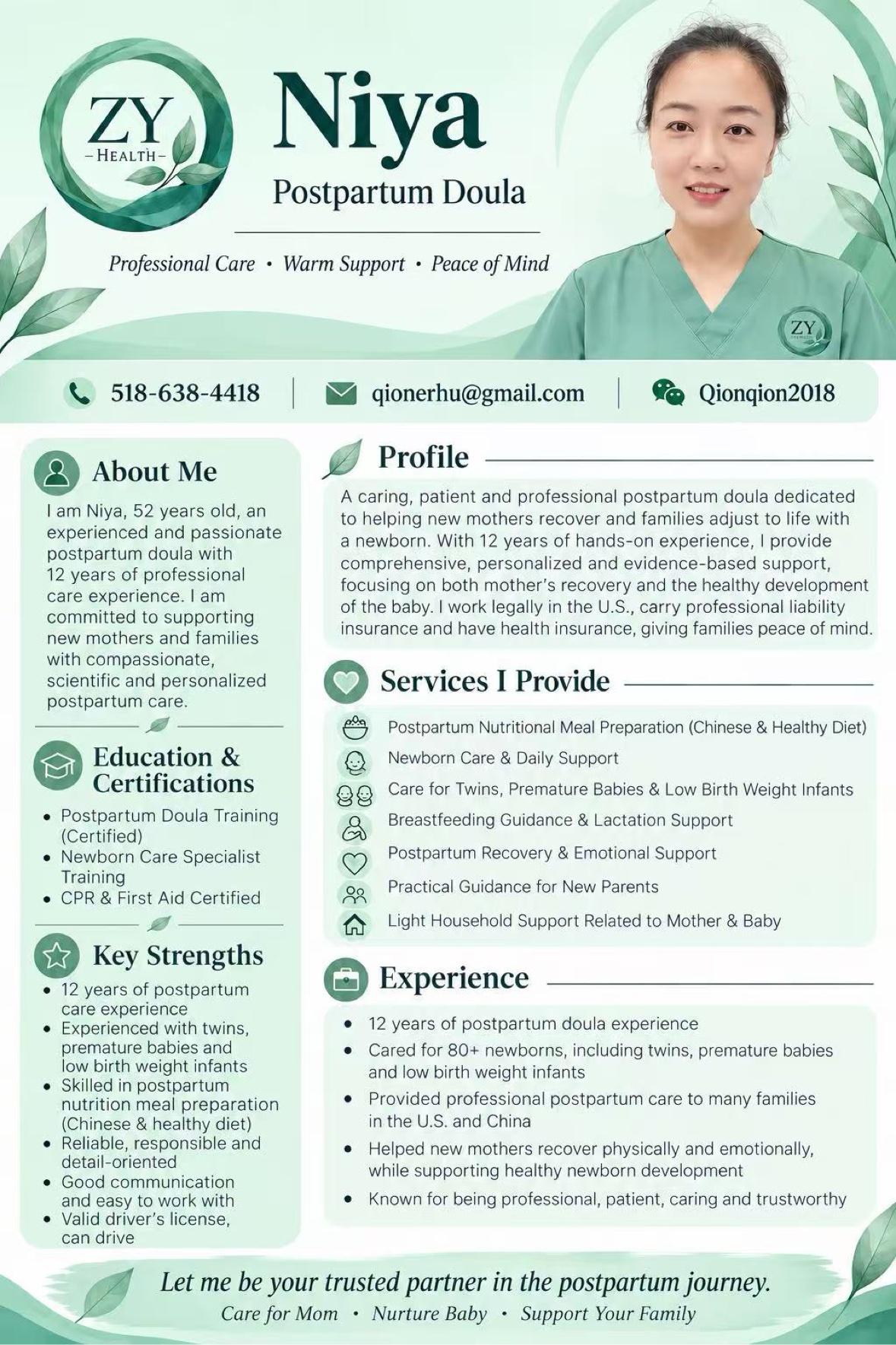 Full professional profile poster for Niya, postpartum doula
