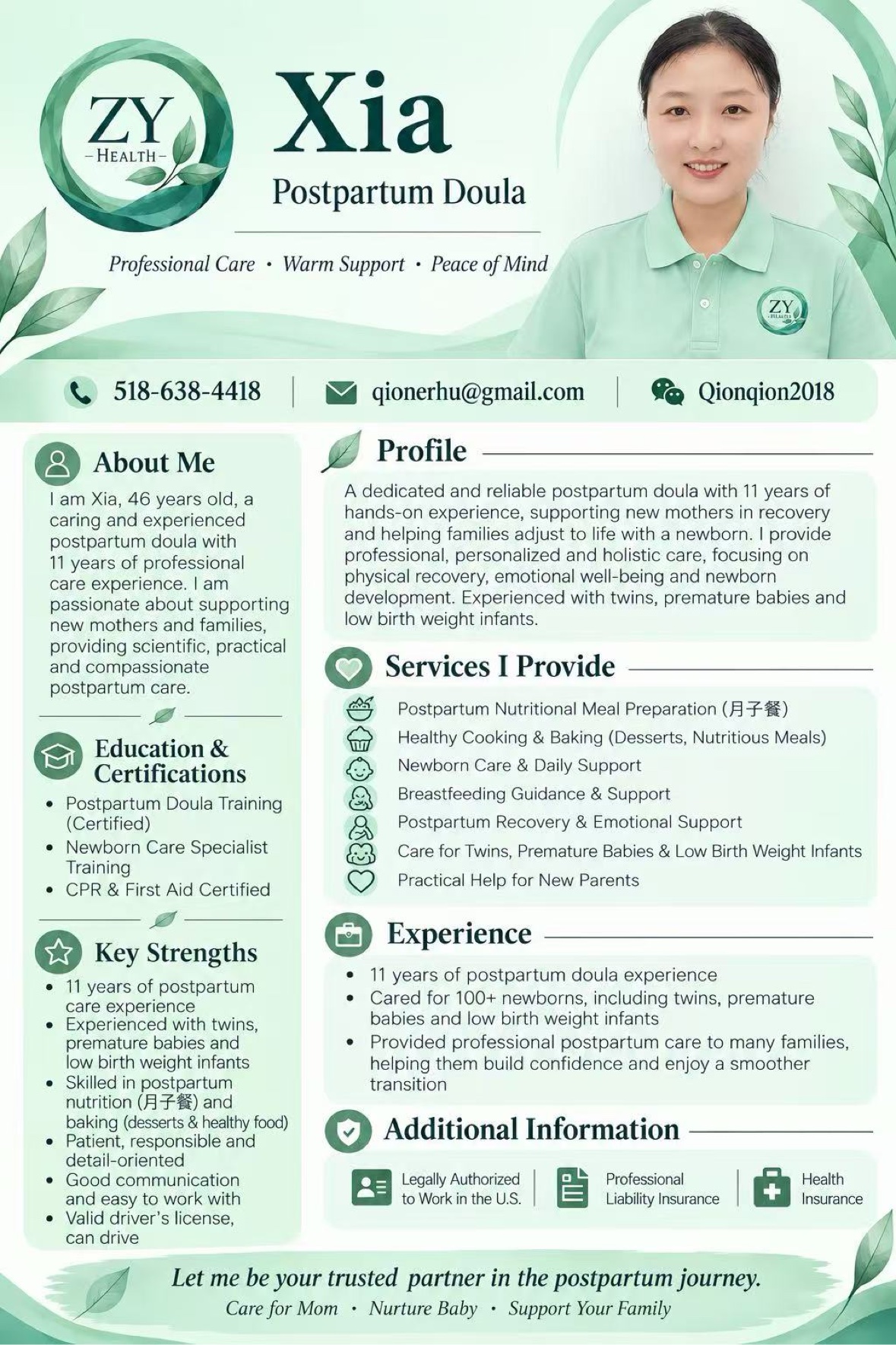 Full professional profile poster for Xia, postpartum doula