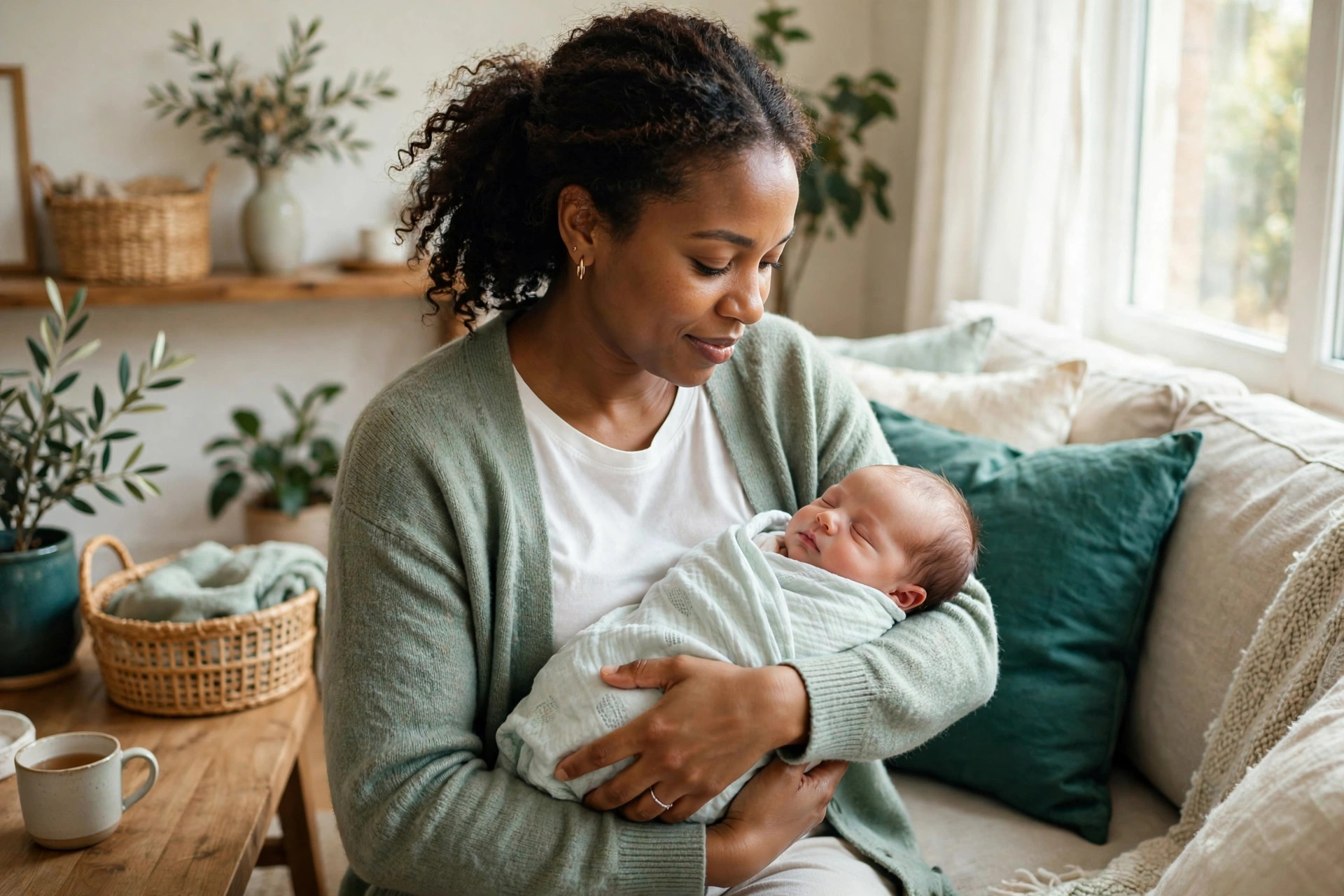 Caregiver bottle-feeding a newborn in a sunlit nursery