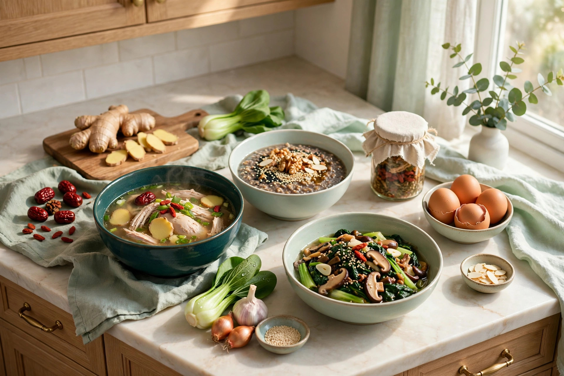 Bright kitchen prepared for postpartum meal cooking