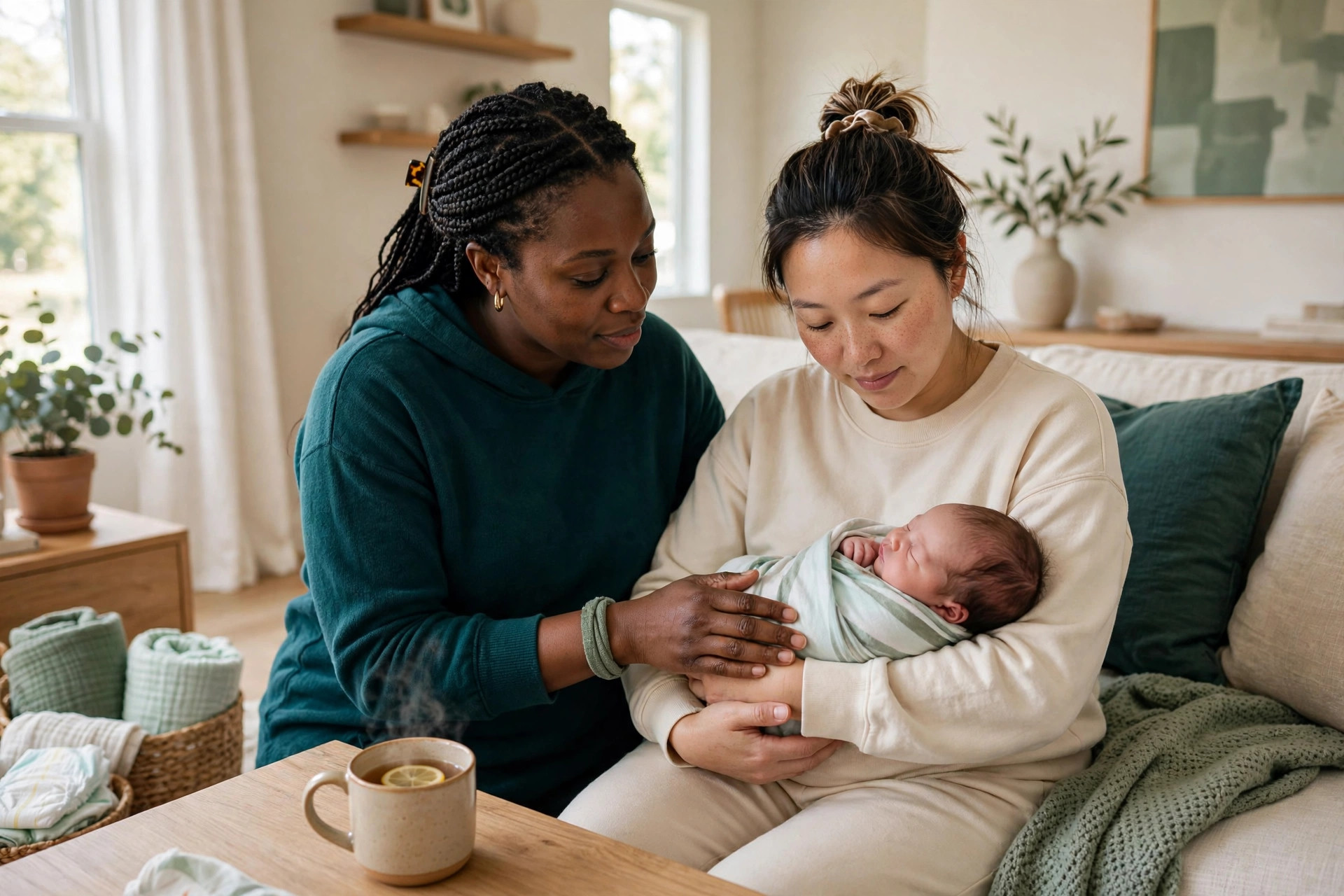 Postpartum doula supporting a mother resting with her newborn at home